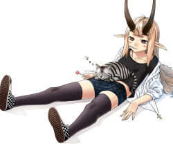 Rule 34 | 1girl, black thighhighs, blonde hair, blush, candy, cat, cross, food, holding, horns, jacket, kahadu (kawazu), lollipop, long hair, lying, mouth hold, on back, original, pointy ears, red eyes, short shorts, shorts, simple background, sleeves pushed up, solo, thighhighs, white background, zzz