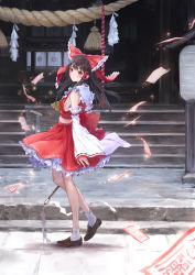 Rule 34 | 1girl, absurdres, ascot, black hair, bow, commentary request, detached sleeves, frilled bow, frilled shirt collar, frilled skirt, frills, full body, gohei, hair bow, hair tubes, hakurei reimu, hakurei shrine, highres, kishida mel, loafers, long hair, looking at viewer, looking to the side, midriff, nontraditional miko, ofuda, red bow, red eyes, red shirt, red skirt, ribbon-trimmed sleeves, ribbon trim, sarashi, shirt, shoes, shrine, sidelocks, skirt, sleeveless, sleeveless shirt, sleeves past wrists, socks, solo, touhou, white socks, wide sleeves, yellow ascot