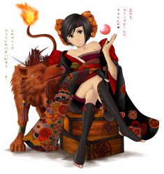 Rule 34 | 1990s (style), 1girl, artist request, brown eyes, brown hair, final fantasy, final fantasy vii, grin, headband, japanese clothes, crossed legs, looking at viewer, red xiii, sitting, smile, translation request, yuffie kisaragi
