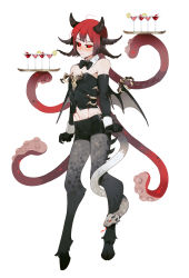 Rule 34 | 1boy, 21 ke, ahoge, animal feet, black bow, black bowtie, black gloves, black horns, black sclera, black shirt, black shorts, black wings, blush, bow, bowtie, chinese commentary, claws, closed mouth, collar, colored sclera, crossdressing, cup, demon boy, demon horns, demon wings, detached collar, drink, drinking glass, elbow gloves, embarrassed, fins, full body, gloves, grey scales, grey tail, groin, head fins, highres, holding, holding tray, hooves, horns, long hair, looking at viewer, male focus, midriff, monster boy, original, red eyes, red hair, scales, shirt, shorts, simple background, skin tight, snake tail, solo, strapless, suction cups, tail, tail around own leg, tentacle hair, tray, white background, white collar, white wrist cuffs, wine glass, wings, wrist cuffs