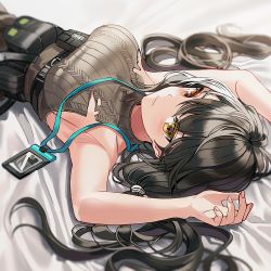 Rule 34 | 1girl, armpits, arms up, bare shoulders, belt, black belt, black hair, blurry, blush, breasts, closed mouth, depth of field, from above, girls&#039; frontline, heterochromia, id card, lanyard, large breasts, long hair, looking at viewer, lying, mod3 (girls&#039; frontline), multicolored hair, on back, red eyes, ribbed sweater, ro635 (girls&#039; frontline), ro635 (mod3) (girls&#039; frontline), sideboob, silence girl, sleeveless, sleeveless sweater, solo, streaked hair, sweater, torn clothes, upper body, white hair, yellow eyes