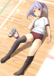 Rule 34 | 1girl, :o, blush, buruma, commentary request, full body, gym shirt, gym uniform, highres, looking at viewer, lying, on back, on floor, open mouth, original, puffy short sleeves, puffy sleeves, purple hair, red buruma, red eyes, shibacha, shirt, shoes, unworn shoes, short sleeves, solo, thighhighs, thighhighs pull, thighs, twintails, uwabaki, white footwear, white shirt, wooden floor