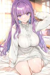 Rule 34 | 1girl, adjusting hair, bare legs, blunt bangs, breasts, buttons, closed mouth, collar, cut bangs, dress, fern (sousou no frieren), frilled collar, frills, highres, indoors, kneeling, large breasts, long dress, long hair, long sleeves, looking at viewer, on bed, purple eyes, purple hair, sidelocks, smile, solo, sousou no frieren, straight hair, thighs, uu-tan (hushigi10), white dress