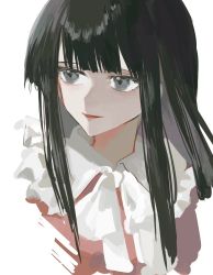 Rule 34 | 1girl, black hair, bow, bowtie, collared shirt, commentary request, frills, grey eyes, highres, houraisan kaguya, long hair, long sleeves, looking to the side, open mouth, pink shirt, shirt, sidelocks, simple background, smile, solo, touhou, upper body, white background, white bow, white bowtie, yanfei u