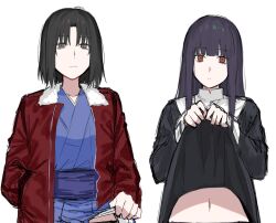 Rule 34 | 2girls, asagami fujino, black eyes, black hair, black panties, blunt bangs, bob cut, brown eyes, closed mouth, clothes lift, commentary request, cowboy shot, egomeshi, expressionless, hand in pocket, highres, hime cut, jacket, japanese clothes, kara no kyoukai, kimono, lifted by self, long hair, long sleeves, looking at viewer, midriff, multiple girls, navel, obi, open clothes, panties, red eyes, red jacket, ryougi shiki, sash, shirt, short hair, sidelocks, simple background, sketch, standing, underwear, upper body, very long hair, white background