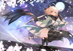 Rule 34 | 1girl, black scarf, blonde hair, bow, branch, closed mouth, commentary request, fate/grand order, fate (series), flower, full body, full moon, grey eyes, hair bow, holding, holding sword, holding weapon, japanese clothes, katana, kimono, kneeling, looking at viewer, moon, night, night sky, obi, okita souji (fate), okita souji (koha-ace), outdoors, petals, sash, scarf, sheath, short hair, short kimono, sky, solo, sword, teddy (khanshin), thighs, toeless footwear, weapon, wide sleeves