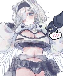 Rule 34 | 1girl, animal ears, arknights, aurora (arknights), bear ears, bear girl, black gloves, black hairband, black shirt, blue eyes, breasts, chaps, cleavage, cleavage cutout, clothing cutout, commentary, cropped jacket, doctor (arknights), gloves, grey shorts, hair over one eye, hairband, highres, jacket, large breasts, leaning back, pouch, rocb, shirt, shorts, simple background, sketch, solo focus, spoken blush, unzipping, white background, white jacket