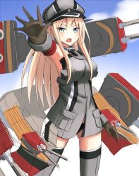 Rule 34 | 10s, 1girl, a.a (aa772), bad id, bad pixiv id, bismarck (kancolle), blonde hair, blue sky, blush, breasts, brown gloves, cannon, cowboy shot, day, detached sleeves, gloves, green eyes, grey thighhighs, hat, kantai collection, large breasts, long hair, looking at viewer, machinery, military, military hat, military uniform, open mouth, outstretched arm, panties, peaked cap, personification, sky, solo, standing, thighhighs, underwear, uniform, zettai ryouiki