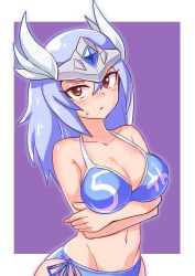 Rule 34 | 1girl, blue hair, blush, breasts, cleavage, closed mouth, cougar (cougar1404), large breasts, long hair, looking at viewer, majin shoujo, red eyes, solo, swimsuit, verri