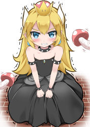 Rule 34 | 1girl, absurdres, aged down, armlet, black dress, blonde hair, blue gemstone, blush, bowsette, bracelet, catstudioinc (punepuni), child, collar, dress, earrings, fangs, gem, highres, horns, jewelry, long hair, looking at viewer, mario (series), mushroom, new super mario bros. u deluxe, nintendo, parted bangs, pointy ears, scowl, simple background, solo, spiked armlet, spiked bracelet, spiked collar, spikes, strapless, strapless dress, super crown, tears, teeth, trembling, v-shaped eyebrows, white background