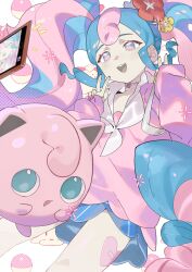 Rule 34 | 1girl, :d, blue eyes, blue hair, blue skirt, choker, commentary, commentary request, creatures (company), curly hair, english commentary, fairy miku (project voltage), flower, game freak, gen 1 pokemon, hair flower, hair ornament, hands up, hatsune miku, heart, heart choker, highres, jigglypuff, long hair, long sleeves, looking at phone, miniskirt, multicolored hair, nail polish, neckerchief, nintendo, open mouth, phone, pink choker, pink eyes, pink hair, pink nails, pink sweater, pokemon, pokemon (creature), project voltage, red flower, ryein, sidelocks, skirt, smile, solo, sparkle, sweater, taking picture, twintails, two-tone hair, v, very long hair, vocaloid, white neckerchief, yellow flower
