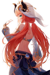 Rule 34 | 1girl, absurdres, back tattoo, bare shoulders, black bow, bow, closed mouth, cowboy shot, crop top, detached sleeves, from behind, genshin impact, hair ornament, hand up, harem outfit, highres, horns, ichizon, jewelry, long hair, long sleeves, looking at viewer, low twintails, nilou (genshin impact), puffy sleeves, red hair, simple background, smile, solo, tattoo, twintails, veil, white background