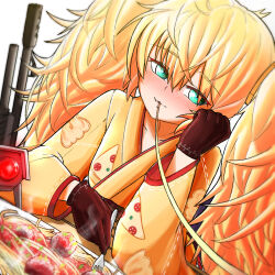 Rule 34 | 1girl, black gloves, blonde hair, blush, collarbone, dutch angle, eating, fabarm sat-8, fang, female focus, food, food print, foreshortening, fork, frostyneko, girls&#039; frontline, gloves, green eyes, gun, hair between eyes, hair tie, long hair, long sleeves, looking at viewer, meatball, pasta, rifle, s.a.t.8 (girls&#039; frontline), semi-automatic firearm, semi-automatic shotgun, shotgun, smile, solo, spaghetti, spaghetti and meatballs, twintails, weapon