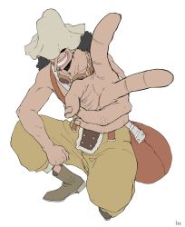 Rule 34 | 1boy, eyewear around neck, grin, hat, hat over eyes, highres, long nose, male focus, one piece, overalls, sleeveless, smile, solo, ufkqz, usopp, v, white background