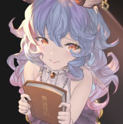 Rule 34 | 1girl, animal ears, betabeet, blue hair, blush, book, brooch, brown eyes, closed mouth, commentary, earrings, english commentary, erune, ferry (granblue fantasy), granblue fantasy, hair between eyes, holding, holding book, jewelry, lips, long hair, looking at viewer, rabbit ears, shirt, single earring, sleeveless, sleeveless shirt, solo, translation request, upper body, wavy hair