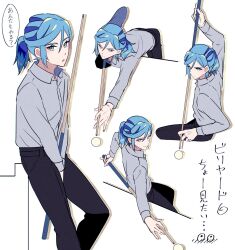 Rule 34 | 1boy, alternate costume, billiards, black pants, blue hair, collared shirt, commentary, creatures (company), game freak, grey shirt, grusha (pokemon), hair between eyes, highres, holding cue stick, looking at viewer, male focus, mocacoffee 1001, multiple views, nintendo, pants, parted lips, pokemon, pokemon sv, shirt, short ponytail, symbol-only commentary, translation request, white background