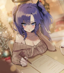 Rule 34 | 1girl, :o, absurdres, alternate costume, blue archive, blurry, blurry background, blush, bokeh, breasts, brown sweater, cleavage, coffee, collarbone, commentary, depth of field, hair ribbon, halo, hand on own cheek, hand on own face, head rest, highres, holding, holding pen, hovaku, indoors, large breasts, long sleeves, looking at viewer, off-shoulder sweater, off shoulder, paper, pen, purple eyes, purple hair, ribbon, solo, steam, sweater, two side up, yuuka (blue archive)