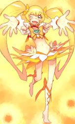 Rule 34 | 10s, 1girl, blonde hair, boots, bow, brooch, cure sunshine, heart, heart brooch, heartcatch precure!, highres, hijiri rei, jewelry, knee boots, long hair, magical girl, myoudouin itsuki, orange bow, orange skirt, outstretched hand, precure, skirt, solo, standing, standing on one leg, twintails, very long hair, yellow background, yellow eyes, yellow theme