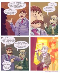 Rule 34 | 4koma, bald, brown hair, bummerdude, casino, closed eyes, comic, commentary, creatures (company), dress, english commentary, english text, frown, game freak, grey hair, medium dress, mr. backlot, mr. backlot&#039;s butler, necktie, nintendo, pointing, pointing at another, pokemon, pokemon dppt, sitting, standing, watermark, web address, wrinkled skin
