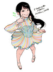 Rule 34 | 1girl, barefoot sandals (jewelry), black eyes, black hair, blush, character name, character request, clothes lift, copyright name, dress, dress lift, eyebrows hidden by hair, floating hair, long hair, oguri hayane, pointing, pointing at self, real life, ske48, smile, solo, standing, striped clothes, striped dress, white background
