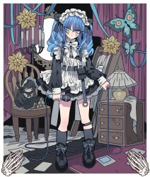 Rule 34 | 1girl, apron, bad id, bad twitter id, belt, black belt, black dress, black footwear, black ribbon, black socks, blue butterfly, blue eyes, blue hair, bug, butterfly, candle, candlestand, closed mouth, curtains, desk lamp, doll, dress, expressionless, frilled apron, frilled dress, frills, full body, hair between eyes, hair ribbon, hairband, highres, holding, holding microphone, inactive account, indoors, insect, lamp, lolita hairband, long hair, long sleeves, looking at viewer, maid, meremero, microphone, mirror, original, puffy long sleeves, puffy sleeves, ribbon, shoes, skeletal hand, socks, solo, standing, twintails, white apron, wooden chair