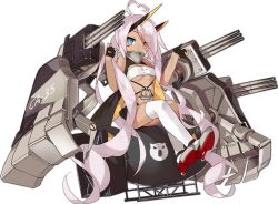 Rule 34 | 1girl, absurdly long hair, ahoge, asymmetrical legwear, azur lane, bandeau, bare shoulders, black gloves, black shorts, blue eyes, bomb, breasts, cleavage, covered mouth, crossed legs, dark-skinned female, dark skin, dot nose, explosive, eyebrows, eyes visible through hair, facepaint, facing away, fat man (nuclear bomb), fingernails, full body, gloves, grey footwear, headgear, heterochromia, index finger raised, indianapolis (azur lane), long hair, looking away, looking to the side, m/, machinery, mechanical arms, midriff, nuclear weapon, official art, over-kneehighs, palms, partially fingerless gloves, pink hair, rudder footwear, saru, see-through, short shorts, shorts, single thighhigh, sitting, small breasts, solo, strapless, thighhighs, transparent background, tsurime, tube top, turret, turtleneck, twintails, underboob, uneven legwear, very long hair, weapon of mass destruction, white thighhighs, yellow eyes