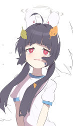 Rule 34 | 1girl, ahoge, animal ears, black hair, blue archive, blush, bright pupils, fake animal ears, gym uniform, hair intakes, headset, highres, leaf, leaf on head, long hair, low twintails, microphone, miyu (blue archive), official alternate costume, open mouth, rabbit ears, red eyes, shirt, short sleeves, solo, supershiruco, tail, tearing up, tears, twintails, upper body, white background, white pupils, white shirt