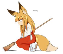Rule 34 | 1girl, animal ears, broom, commentary request, dated, fox ears, fox tail, hime cut, japanese clothes, kimono, kitsunemiko, long hair, looking at viewer, miko, original, sakifox, sandals, simple background, slit pupils, socks, solo, squatting, tail, tiptoes, white background, wide sleeves