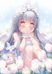 Rule 34 | 1girl, angel wings, animal ear fluff, animal ears, basket, blue sky, blush, bug, butterfly, cat ears, commentary request, dress, egg, feathered wings, feet out of frame, flower, grey hair, hands on own chin, highres, insect, long hair, looking at viewer, omochi monaka, original, signature, sky, smile, solo, tulip, very long hair, white dress, white flower, white tulip, white wings, white wrist cuffs, wings, wrist cuffs, yellow eyes