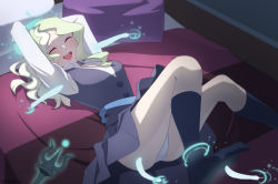 Rule 34 | 1girl, :d, ^ ^, arikindows10, arms up, bed, black socks, blonde hair, bound, bound wrists, breasts, cleavage, closed eyes, commentary request, commission, crotch seam, diana cavendish, dress, feathers, foot out of frame, highres, little witch academia, long hair, luna nova school uniform, lying, magic, medium breasts, no shoes, on back, on bed, open mouth, panties, pants, pantyshot, pillow, pinafore dress, school uniform, skeb commission, sleeveless, sleeveless dress, smile, socks, solo, teeth, thighs, tickle torture, tickling, tickling armpits, tickling ass, tickling feet, underwear, upper teeth only, wand, wavy hair, white pants