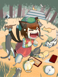 Rule 34 | 1girl, animal ears, bad id, bad pixiv id, biting, brown hair, cat, cat ears, cat tail, cheek press, chen, closed eyes, dirty, dirty clothes, doggystyle, dress, ear piercing, earrings, eating, fang, fighting, fish bone, forest, hat, head biting, head under skirt, hissing, jewelry, mating (animal), mob cap, multiple tails, nature, nekomata, object on head, okahi, open mouth, piercing, red dress, scratches, sex, sex from behind, shirt, single earring, sleeping, tail, tail biting, too many, too many cats, top-down bottom-up, torn clothes, torn sleeves, touhou