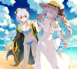 Rule 34 | 2girls, ball, beachball, bikini, blue bikini, blue eyes, blue sky, breasts, cleavage, cloud, coat, crab, day, fate/grand order, fate (series), flame print, hat, holding, holding ball, holding hands, inaeda kei, kiyohime (fate), kiyohime (fate/grand order), kiyohime (swimsuit lancer) (fate), kiyohime (swimsuit lancer) (third ascension) (fate), long hair, looking at another, marie antoinette (fate), marie antoinette (fate/grand order), marie antoinette (swimsuit caster) (fate), marie antoinette (swimsuit caster) (second ascension) (fate), medium breasts, multiple girls, off shoulder, open clothes, open coat, open mouth, red eyes, sand castle, sand sculpture, silver hair, sky, smile, sparkle, standing, starfish, straw hat, swimsuit