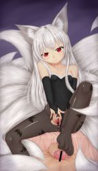 Rule 34 | 1girl, animal ears, bad id, bad pixiv id, bare shoulders, black pantyhose, breasts, bridal gauntlets, censored, covered navel, elbow gloves, feet, footjob, fox ears, fox tail, gloves, halloween, hetero, kupaa, long hair, multiple tails, no shoes, original, pantyhose, penis, pussy, red eyes, small breasts, spread pussy, tail, tenyoshi (briansept), torn clothes, torn legwear, white hair
