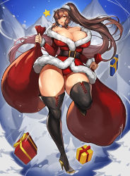 Rule 34 | 1girl, absurdres, bare shoulders, belt, boots, box, breasts, brown hair, christmas, cleavage, curvy, dorothy (gurimjang), dress, fur-trimmed dress, fur trim, gift, gift box, gurimjang, hair between eyes, high ponytail, highres, holding, huge breasts, long hair, mountain, off shoulder, original, plump, ponytail, red eyes, red lips, revealing clothes, sack, santa costume, snowing, solo, thick thighs, thigh boots, thighhighs, thighs, very long hair