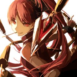 Rule 34 | 10s, 1girl, bare shoulders, detached sleeves, food, from above, lemontea, long hair, magical girl, mahou shoujo madoka magica, mahou shoujo madoka magica (anime), mouth hold, pocky, polearm, ponytail, red eyes, red hair, sakura kyoko, simple background, smile, solo, spear, weapon