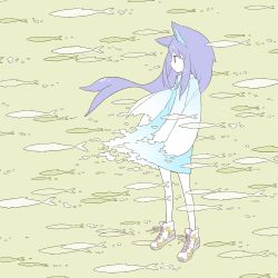 Rule 34 | 1girl, animal, animal ears, bubble, cat ears, closed mouth, diode (0 division), fins, fish, full body, highres, liquid clothes, long hair, long sleeves, looking to the side, original, purple eyes, purple hair, shoes, sidelocks, sneakers, solo, standing, tareme, white footwear, yellow background