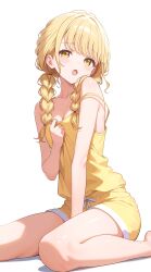 1girl absurdres blonde_hair blush braid breasts camisole cleavage collarbone commentary_request fang fujita_kotone gakuen_idolmaster highres idolmaster kitano_yukito legs long_hair looking_at_viewer low_twin_braids open_mouth revision short_shorts shorts simple_background sitting skin_fang solo strap_slip thighs twin_braids wariza white_background yellow_camisole yellow_eyes yellow_shorts