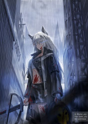 Rule 34 | 1girl, absurdres, animal ears, arknights, artist name, bandeau, bare legs, black coat, black shorts, blood, blood on clothes, blood on face, bloody weapon, breasts, city, coat, commentary, cowboy shot, death, glowing, glowing eye, grey eyes, grin, hair between eyes, hair ornament, highres, holding, holding sword, holding weapon, lappland (arknights), long hair, looking at viewer, lumin aria, material growth, medium breasts, midriff, millipen (medium), open clothes, open coat, oripathy lesion (arknights), outdoors, rain, reunion soldier (arknights), scar, scar across eye, scar on face, short shorts, shorts, silver hair, smile, solo focus, strapless, sword, thighs, traditional media, tube top, weapon, wolf ears