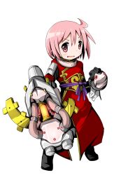 Rule 34 | &gt;:o, 1girl, :o, alchemist (sekaiju), arm guards, capsule, clenched hand, etrian odyssey, eyebrows, full body, glowing, gun, holding, holding weapon, machinery, nonohara yuzuko, pink hair, purple ribbon, red eyes, ribbon, short hair, simple background, solo, tabard, v-shaped eyebrows, watage (lucky yyg), weapon, white background, yuyushiki
