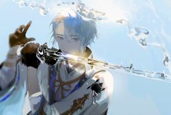 Rule 34 | 1boy, black gloves, blue eyes, blue hair, genshin impact, gloves, high collar, holding, holding sword, holding weapon, jacket, japanese clothes, kamisato ayato, light blue hair, matchavi, parted lips, solo, sword, water, weapon, white jacket