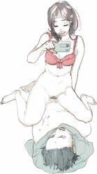 Rule 34 | 1boy, 1girl, barefoot, black hair, bottomless, bra, camera, commentary, couple, cowgirl position, girl on top, hetero, lingerie, no panties, nude, phone, photo (medium), ryuko azuma, sex, sketch, smile, straddling, taking picture, traditional media, uncensored, underwear