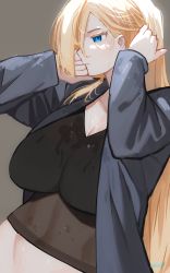 Rule 34 | 1girl, blonde hair, blue eyes, breasts, cleavage, closed mouth, coat, grey background, grey coat, hands up, highres, huge breasts, long hair, long sleeves, miami-chan (ryusei hashida), open clothes, open coat, original, ryusei hashida, simple background, solo, very long hair, wet, wet clothes