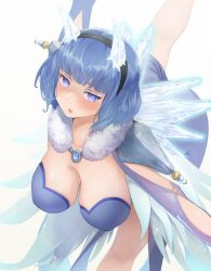 1girl blue_eyes blue_hair blush breasts cape dress fire_emblem fire_emblem_heroes hairband hanging_breasts ice large_breasts looking_at_viewer nifl_(fire_emblem) nintendo open_mouth short_dress short_hair solo wings yasopery