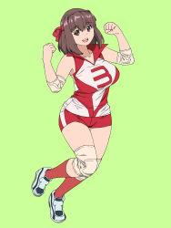 Rule 34 | 1girl, breasts, brown eyes, brown hair, clenched hands, commentary, elbow pads, full body, girls und panzer, green background, headband, highres, knee pads, kondou taeko, large breasts, looking at viewer, medium hair, onsen tamago (hs egg), open mouth, red headband, red shirt, red shorts, red socks, shirt, shoes, short shorts, shorts, simple background, single vertical stripe, sleeveless, sleeveless shirt, smile, sneakers, socks, solo, sportswear, standing, standing on one leg, volleyball uniform, w arms, white footwear