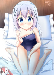 Rule 34 | 1girl, bare arms, bare legs, bare shoulders, barefoot, bed, between legs, blue eyes, blue hair, blue one-piece swimsuit, blush, closed mouth, clothes pull, dated, frown, gochuumon wa usagi desu ka?, hand between legs, highres, inakami, kafuu chino, long hair, on bed, one-piece swimsuit, one-piece swimsuit pull, panties, pillow, pulling, school swimsuit, sitting, solo, stuffed animal, stuffed rabbit, stuffed toy, swimsuit, underwear, wariza