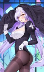 Rule 34 | 1girl, alternate costume, ass, black swan (honkai: star rail), blush, breasts, brown eyes, brown pantyhose, cleavage, gloves, habit, hand up, highres, honkai: star rail, honkai (series), juliet sleeves, large breasts, long hair, long sleeves, looking at viewer, matrix16, nun, open mouth, pantyhose, puffy sleeves, purple hair, solo, thighs, very long hair, white gloves