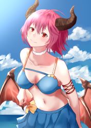 Rule 34 | 1girl, absurdres, arm at side, arm behind back, armband, bare shoulders, bikini, black horns, blue bikini, blue skirt, blush, breasts, choker, closed mouth, cloud, collarbone, day, dragon girl, dragon horns, dragon tail, dragon wings, female focus, granblue fantasy, grea (shingeki no bahamut), hair between eyes, highres, horns, large breasts, looking at viewer, manaria friends, navel, neck, ocean, outdoors, pleated skirt, pointy ears, purple hair, red eyes, rmk s212, shingeki no bahamut, short hair, skirt, sky, smile, solo, swimsuit, tail, water, white choker, wings