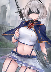 Rule 34 | 1girl, absurdres, blindfold, breasts, capelet, cosplay, cowboy shot, crop top, facing viewer, garter straps, gold trim, highres, large breasts, midriff, miniskirt, mole, mole under mouth, navel, neonbeat, nier (series), nier:automata, outdoors, panties, pantyshot, pleated skirt, rokudenashi majutsu koushi to akashic record, shirt, short hair, silver hair, skirt, smile, solo, stomach, sword, thighhighs, thighs, underwear, uniform, virtuous contract, weapon, weapon on back, white panties, white shirt, white skirt, white thighhighs, wrist cuffs, 2b (nier:automata)