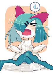 Rule 34 | alternate color, blue hair, closed eyes, clothed pokemon, colored skin, creatures (company), flask, flying teardrops, game freak, gen 3 pokemon, glass container, hair ornament, hairpin, highres, horns, ino (tellu0120), kirlia, liquid, multicolored skin, nintendo, open mouth, pokemon, pokemon (creature), shiny pokemon, shirt, shouting, sidelocks, simple background, spill, teardrop, two-tone skin, wet, white shirt, white skin