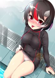 Rule 34 | 1girl, :p, alternate costume, bare legs, bikini, bikini bottom only, black hair, black shirt, blush, breasts, cone horns, covered erect nipples, diving suit, dripping, grey horns, hair between eyes, high collar, highres, hitotsuki nebura, holding, holding clothes, horns, kijin seija, legs together, lens flare, long sleeves, looking at viewer, looking up, medium breasts, multicolored hair, navel, panties, poolside, red eyes, shirt, short hair, sitting, soaking feet, solo, streaked hair, swimsuit, thigh gap, thighs, tight clothes, tongue, tongue out, touhou, underwear, wet, wet clothes, wet face, wet hair, wet shirt, white bikini